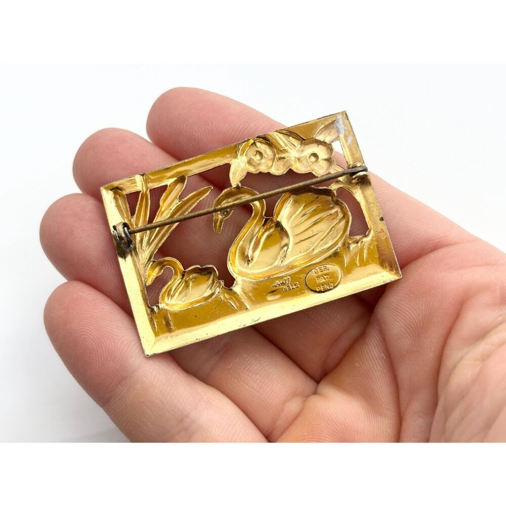 Coro Sterling Signed Vermeil Rectangular Swan Accented Figural Vintage Brooch - Picture 7 of 7